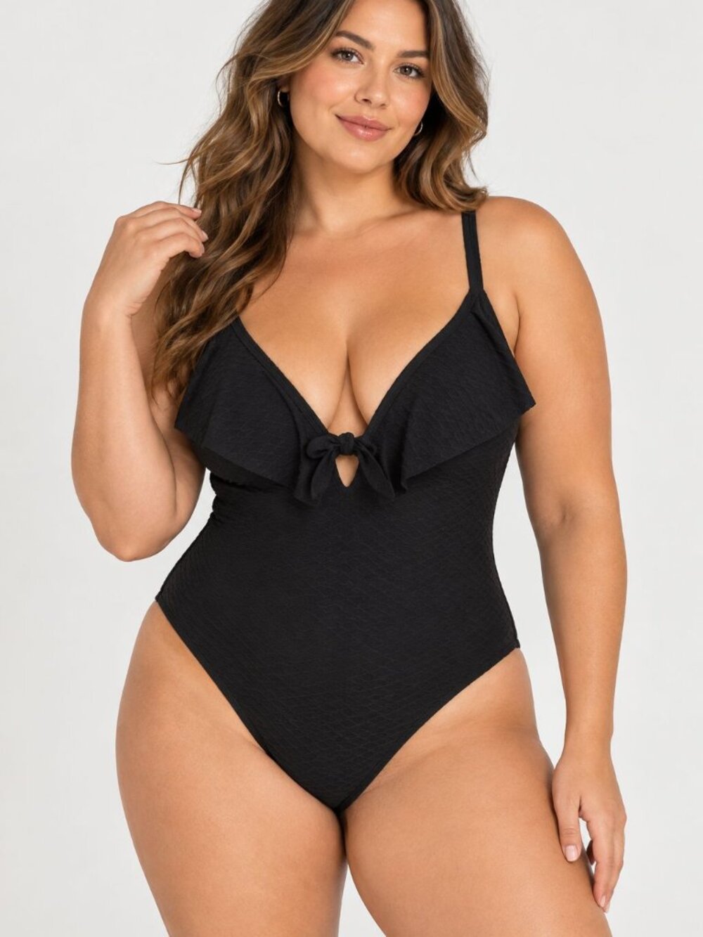 Victoria’s Secret Black One Piece Swimsuit XL NWT Textured Plunge Ruffle Swim